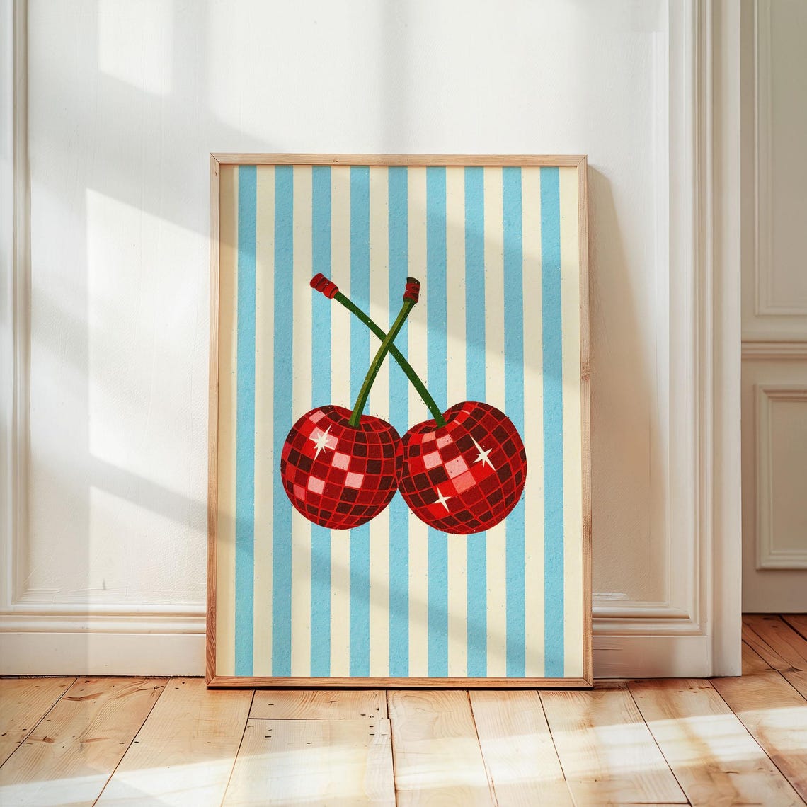 Disco Ball Cherries Red Glitter Retro Kitchen Striped Decor Poster