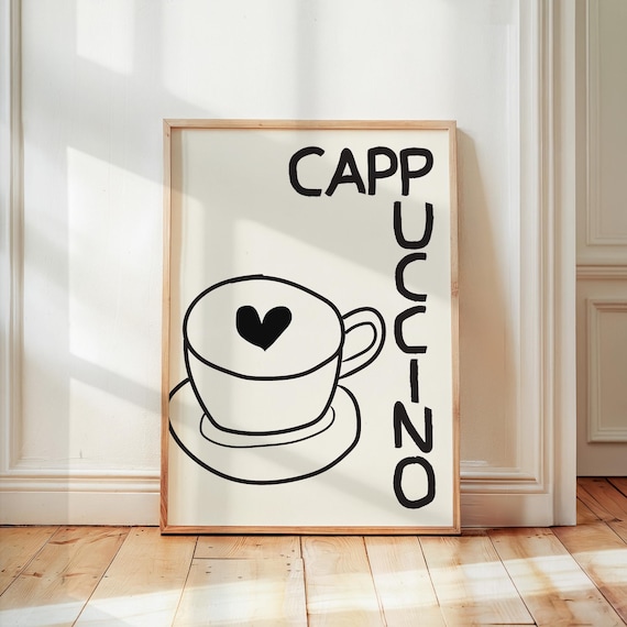Cappuccino Line Drawing Coffee Cup Heart Retro Typography Poster