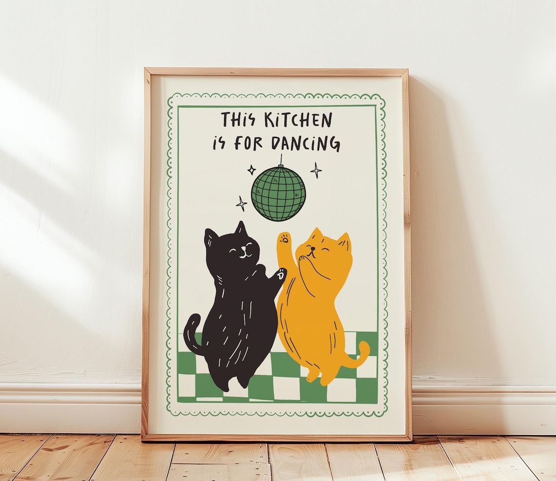 Funny Dancing Cats Poster, Kitchen Decor Print