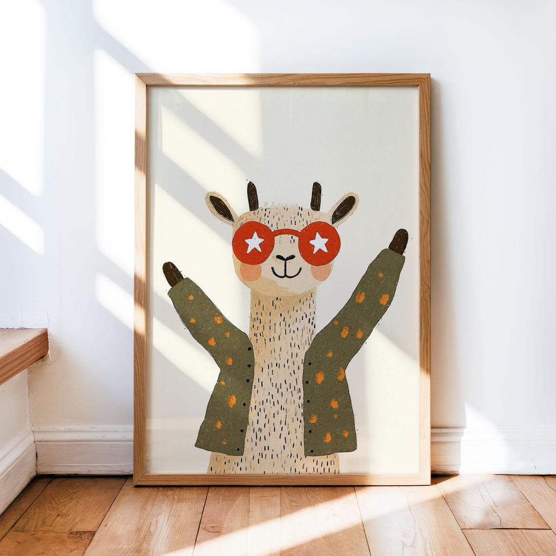 Cheerful Alpaca With Red Star Sunglasses Nursery Animal Art Poster