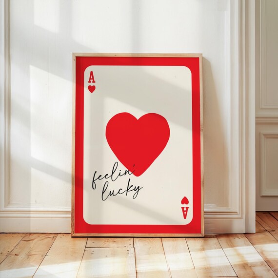 Ace Of Hearts Print Feelin Lucky Playing Card Poster Trendy Home Decor Retro Positive Quote Wall Art