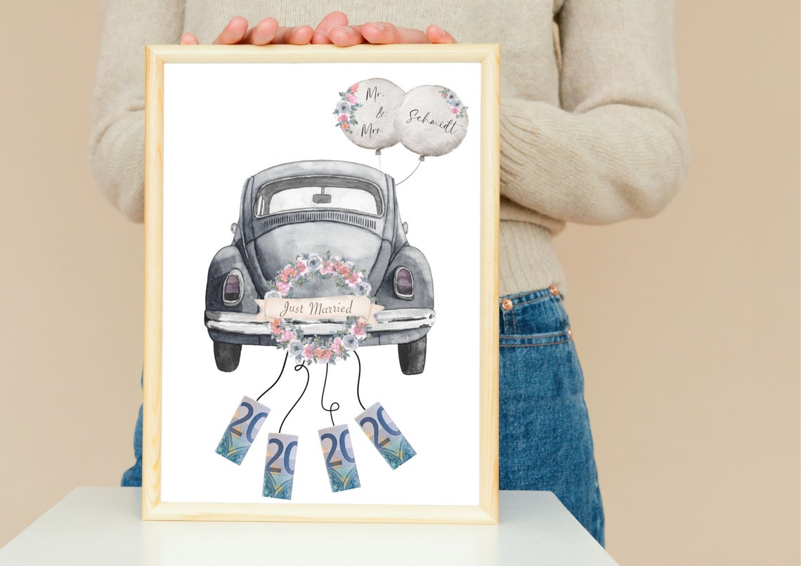 Just Married Classic Wedding Car Money Gift Idea Printable Poster - Image 4