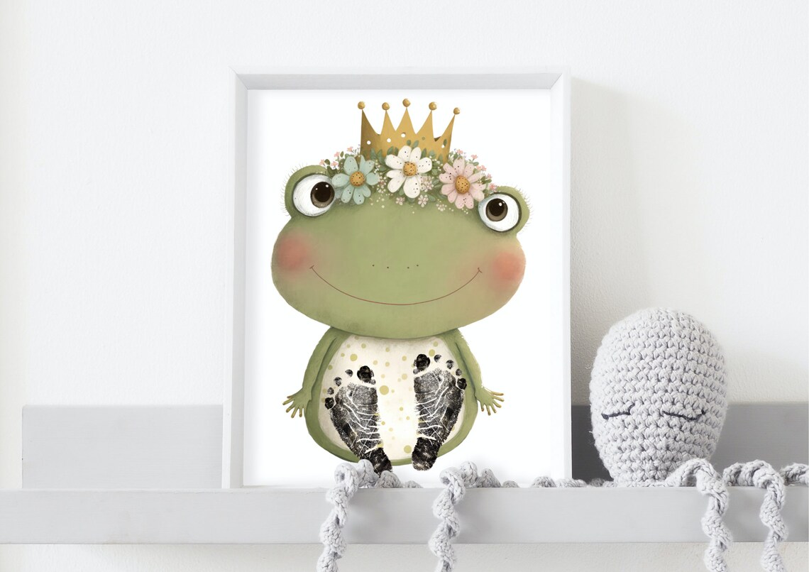 Frog Prince With Gold Crown Flowers Baby Footprint Keepsake Poster - Image 4