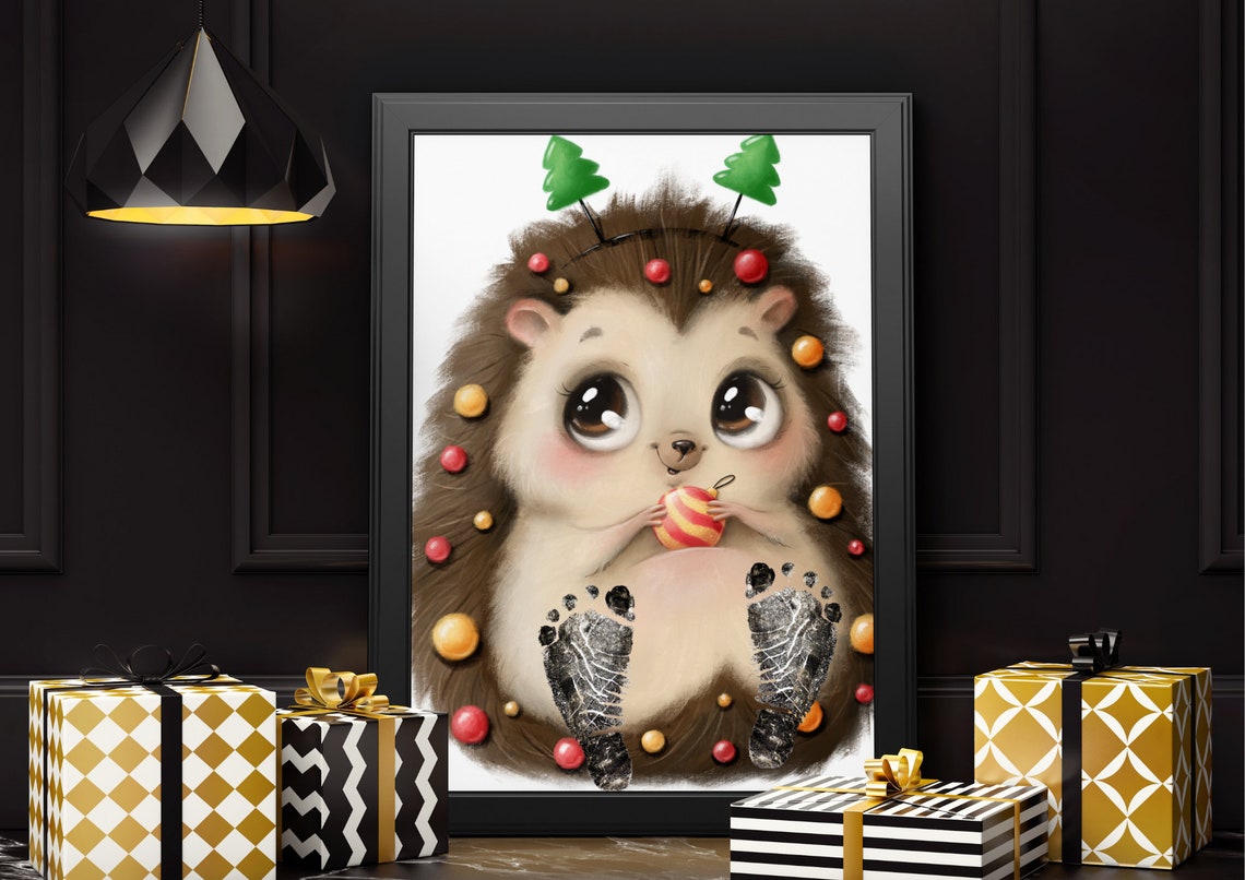 Christmas Hedgehog With Ornaments Baby Footprint Keepsake Poster - Image 3