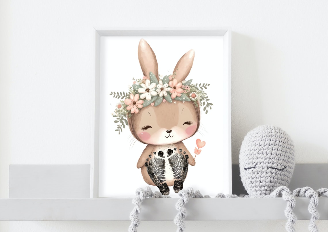 Smiling Bunny With Flower Crown Heart Balloon Footprint Poster - Image 3