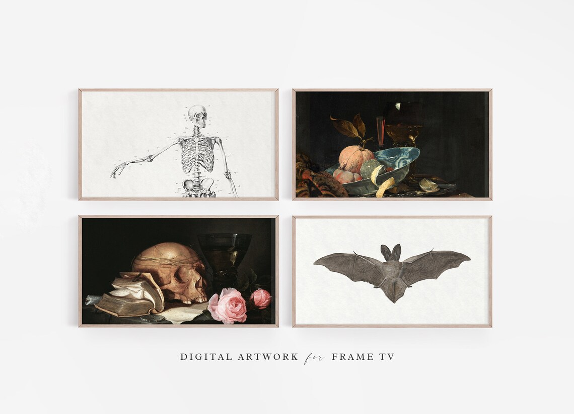 Set of Four Spooky Dark Academia Art Prints Skeleton Skull Bat