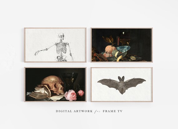 Set of Four Spooky Dark Academia Art Prints Skeleton Skull Bat