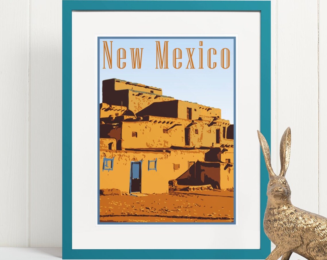 New Mexico Adobe Pueblo Architecture Desert Vintage Travel Poster