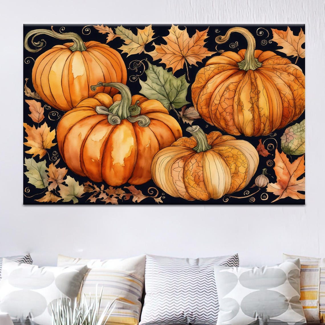 Watercolor Pumpkins Autumn Leaves Dark Background Fall Art Poster