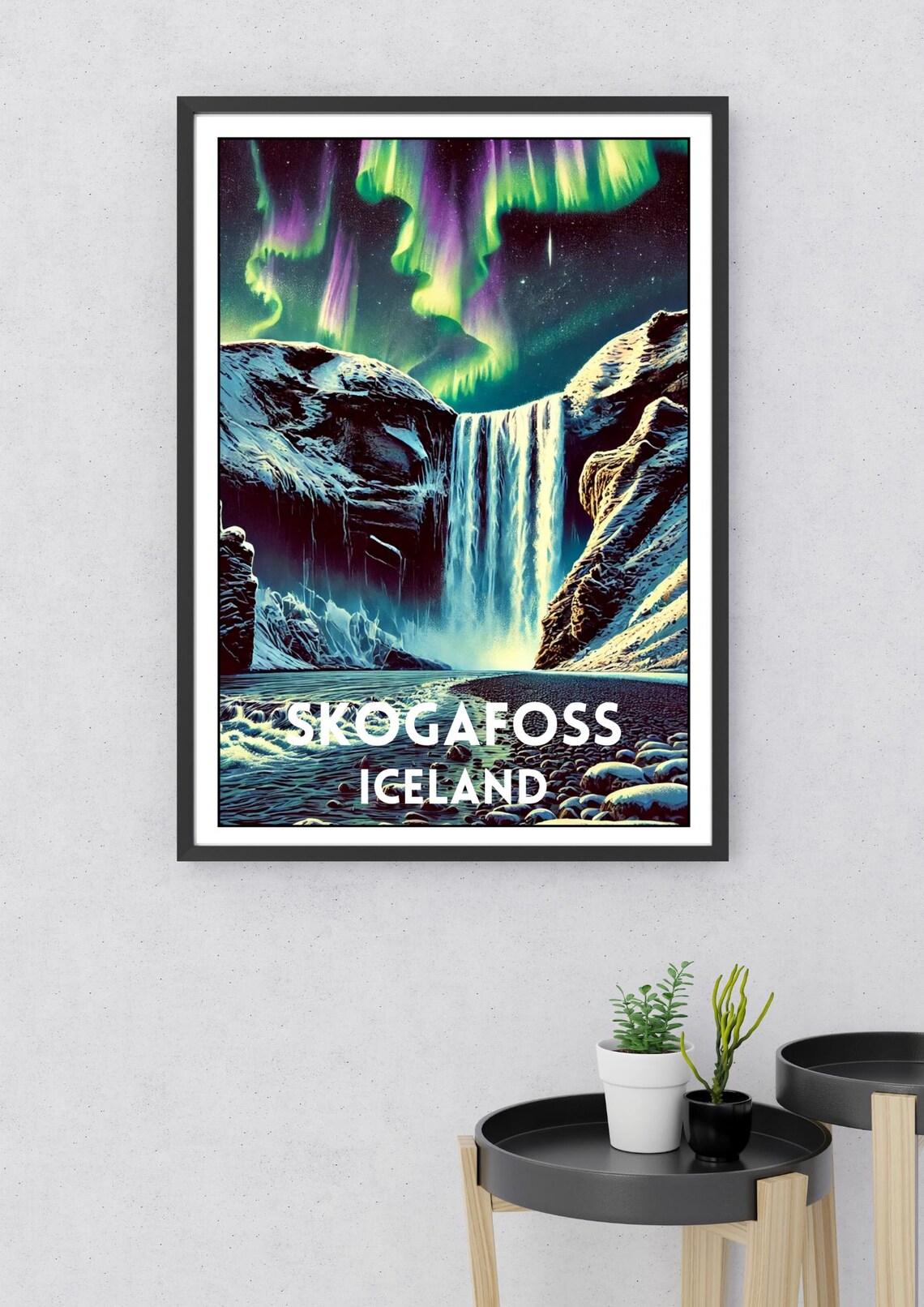Skogafoss Iceland Northern Lights Aurora Night Waterfall Travel Poster - Image 2