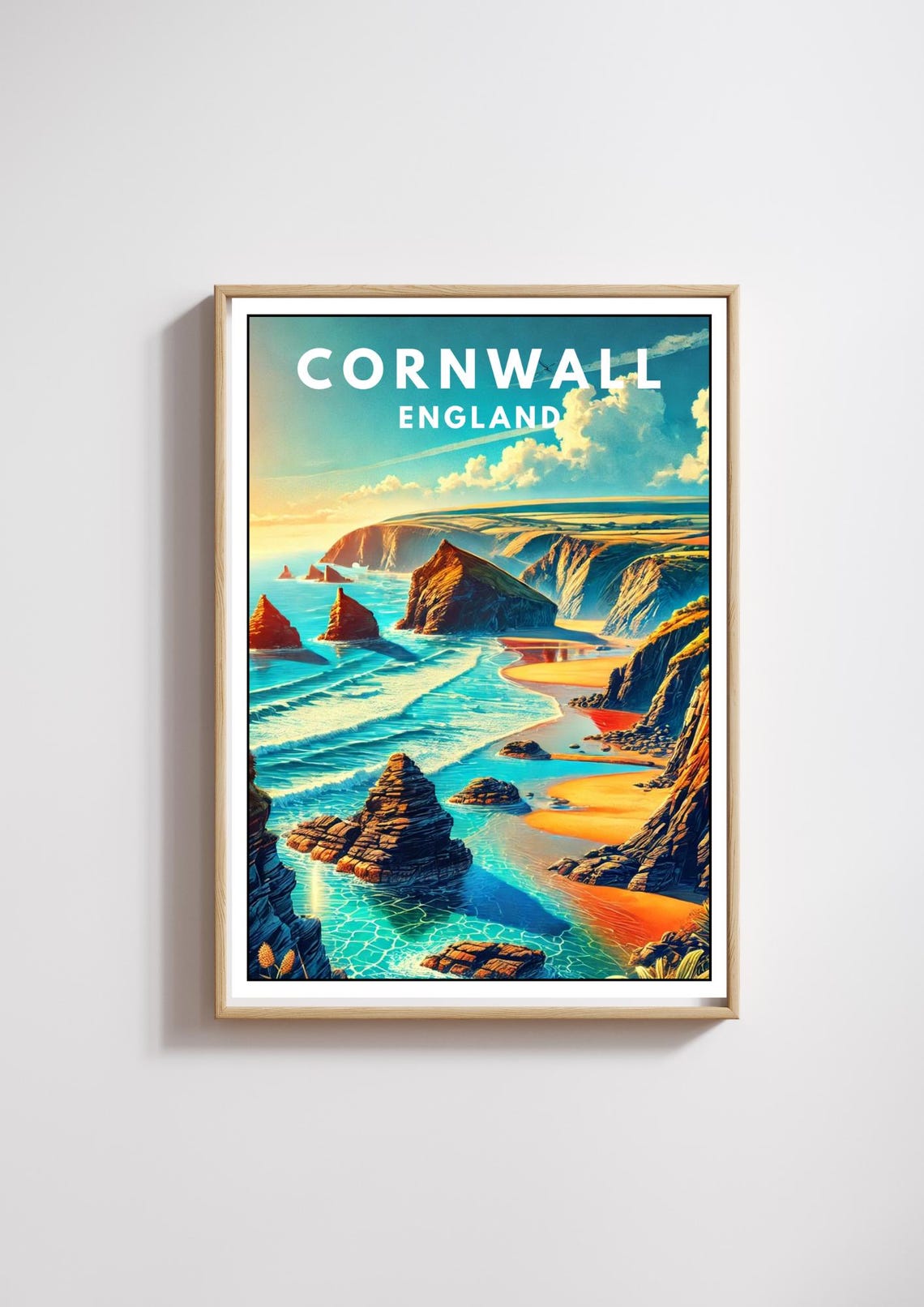 Cornwall England Bedruthan Steps Sea Stacks Coast Vintage Poster