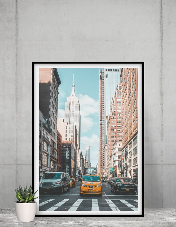 New York City Street Photography Yellow Cab Empire State Building Poster