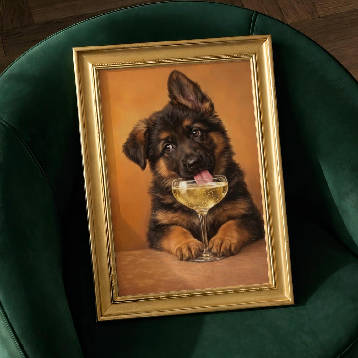 German Shepherd Puppy Champagne Glass Funny Cute Dog Portrait Poster