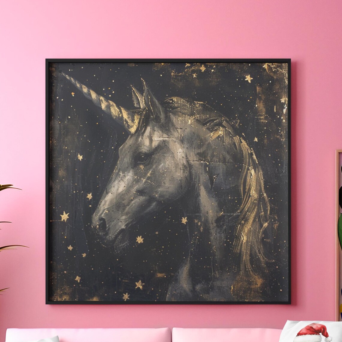 Serene Gray Unicorn Head Under A Starry Night Sky Painting Poster - Image 2