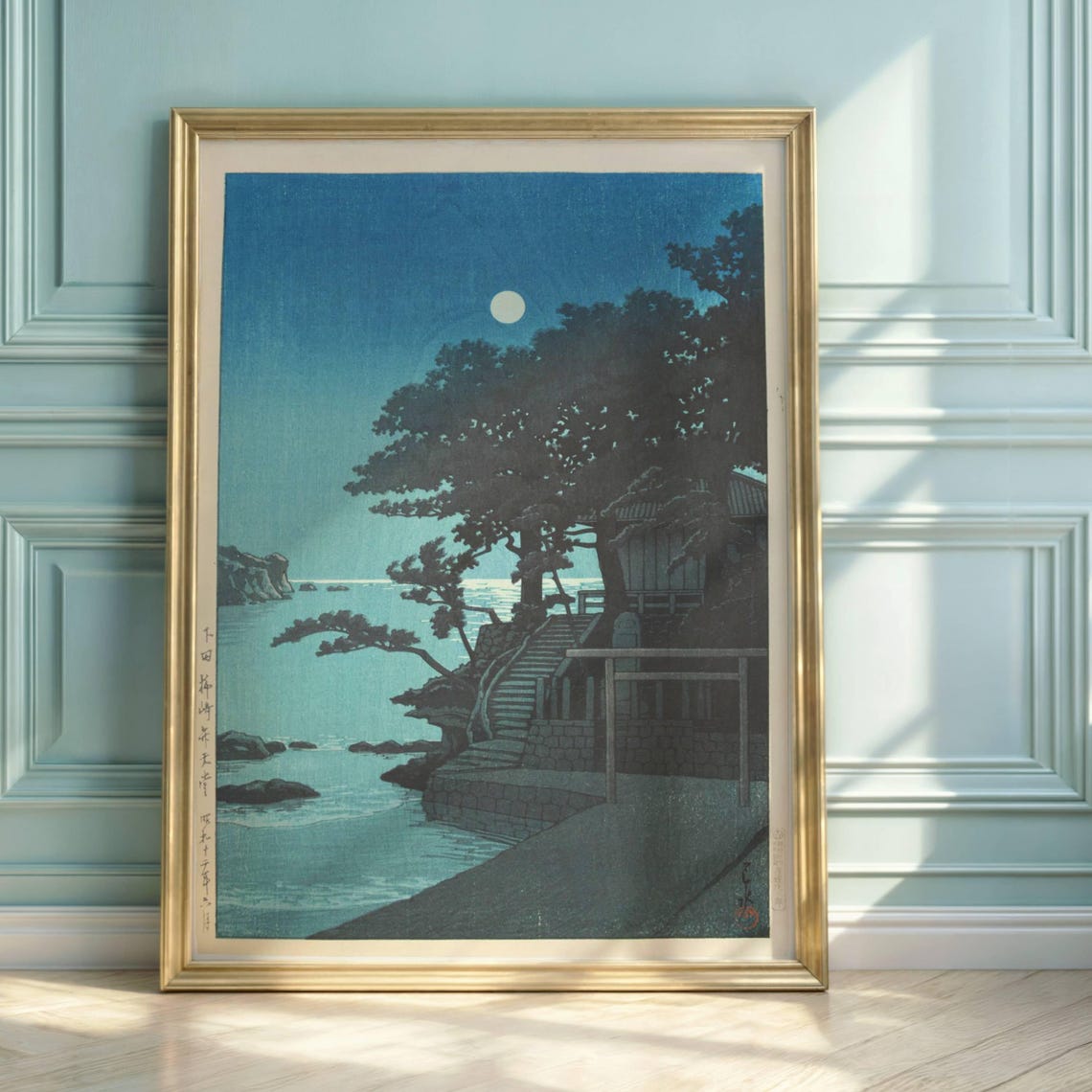 Moonlit Coastal Shrine Japanese Woodblock Style Night Scene Poster
