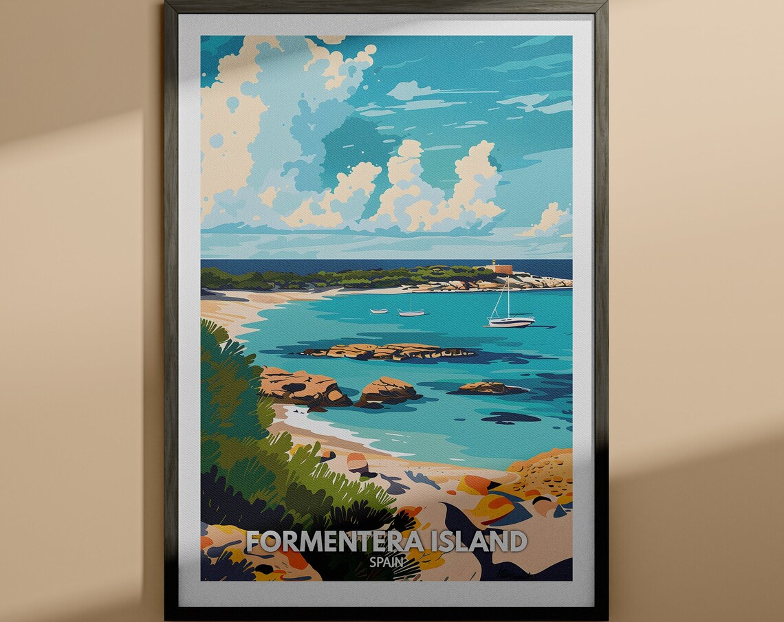 Formentera Island Spain Turquoise Bay Sailboats Travel Poster