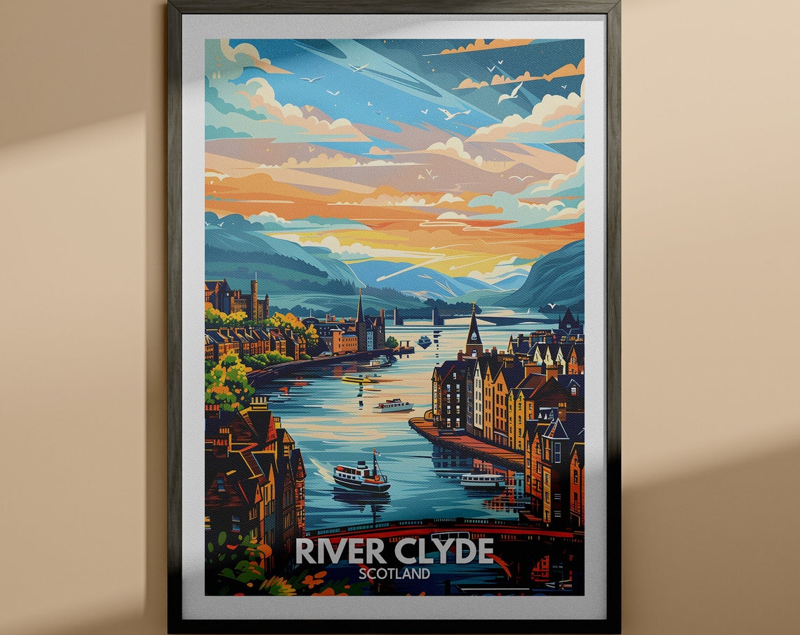 River Clyde Scotland Sunset Waterfront Town Retro Travel Poster