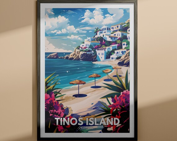 Tinos Island Greece White Village Beach Vintage Travel Poster