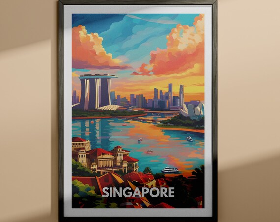 Singapore Marina Bay Sands Sunset Skyline Illustration Travel Poster