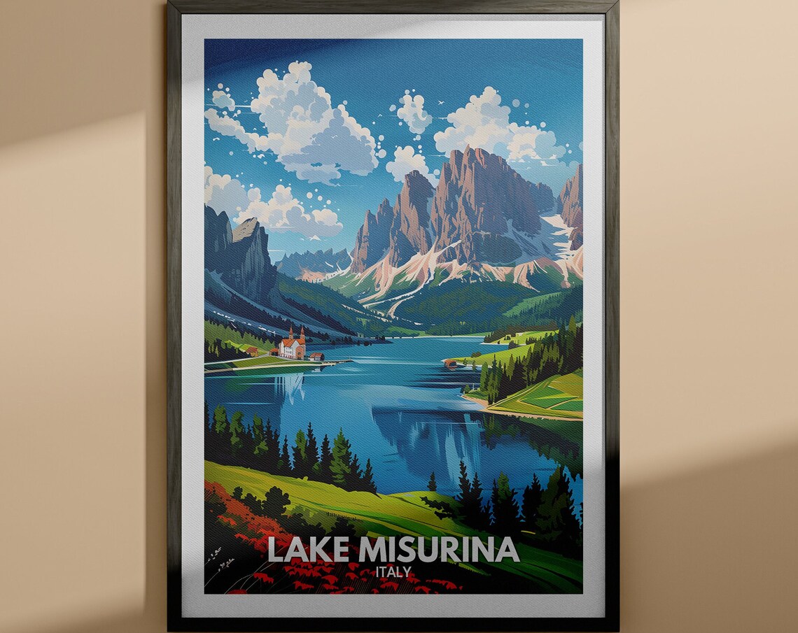 Lake Misurina Italy Alpine Peak Church Shoreline Vintage Travel Poster