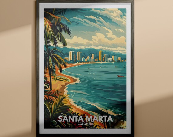 Santa Marta Colombia Tropical Beach City Skyline Travel Poster