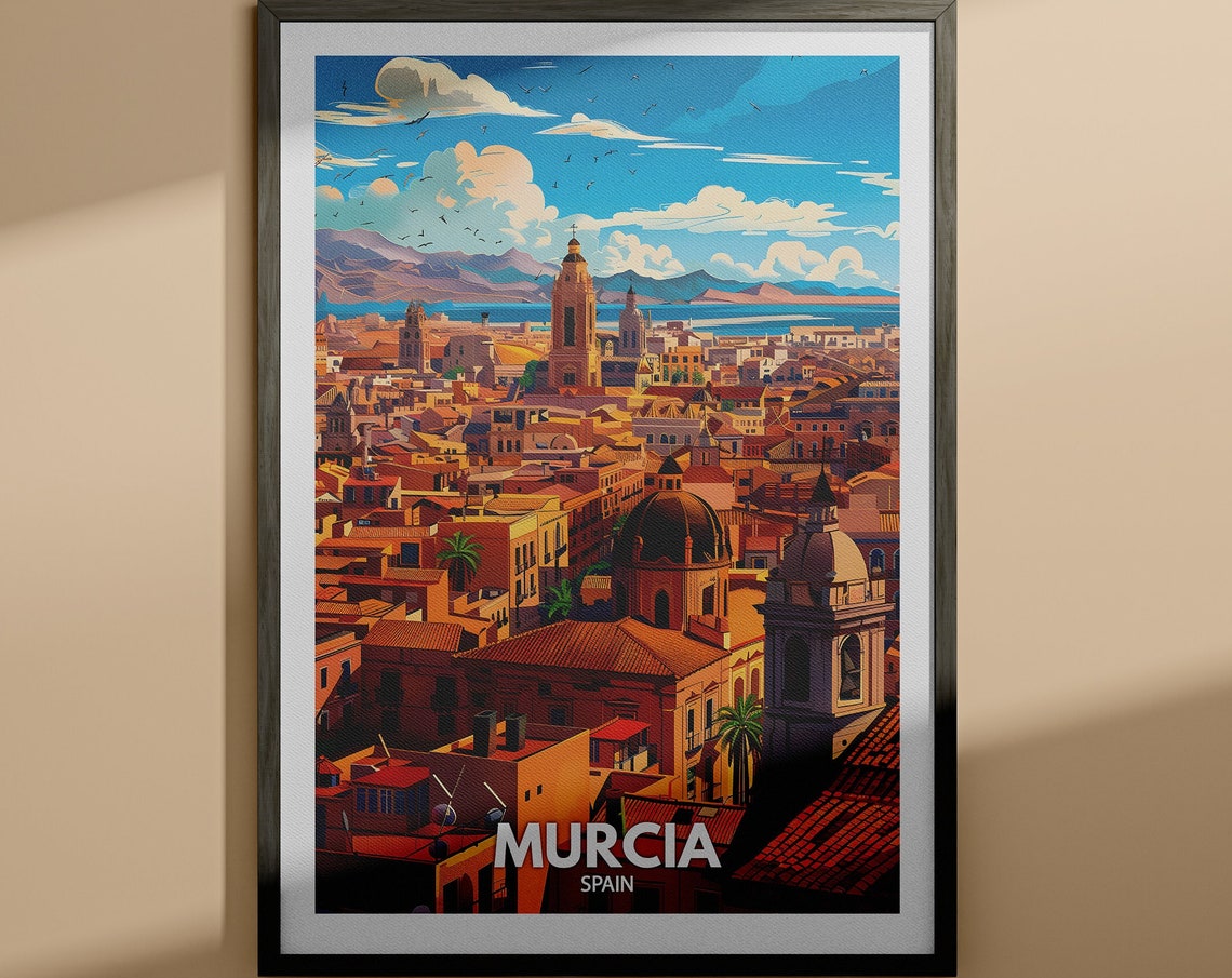 Murcia Spain Terracotta Old Town Rooftops Vintage Travel Poster