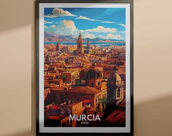 Murcia Spain Terracotta Old Town Rooftops Vintage Travel Poster