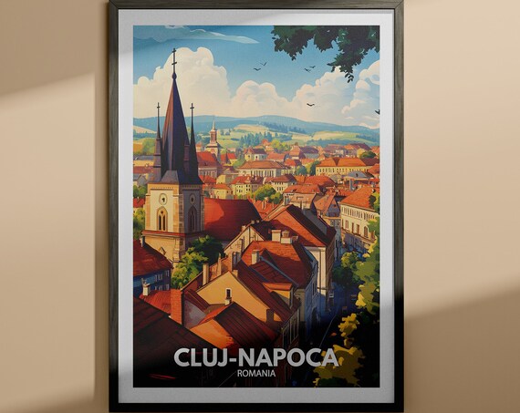 Cluj Napoca Romania Old Town Church Spires Red Roofs Travel Poster