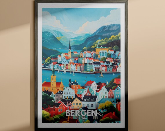 Bergen Norway Colorful Scandinavian Harbor City Fjord Poster