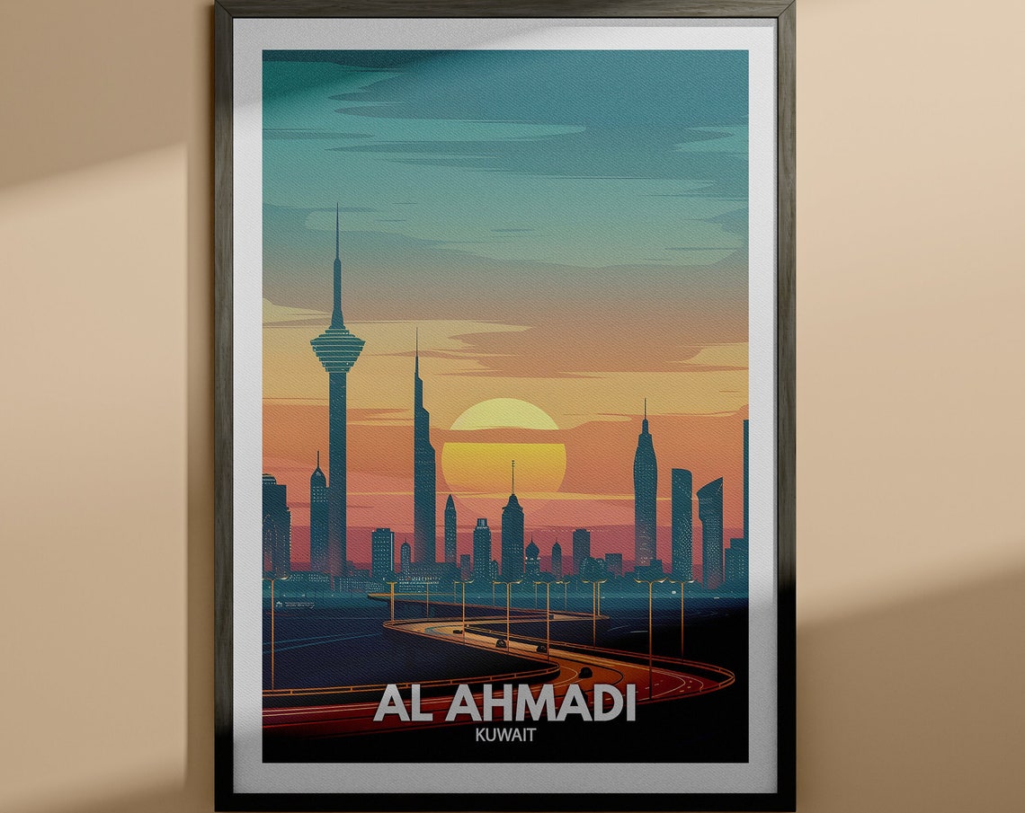 Al Ahmadi Kuwait Skyline Sunset Modern Tower Vintage Travel Poster