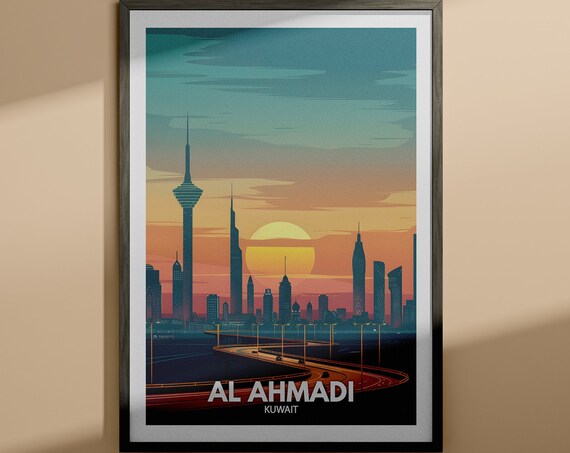 Al Ahmadi Kuwait Skyline Sunset Modern Tower Vintage Travel Poster