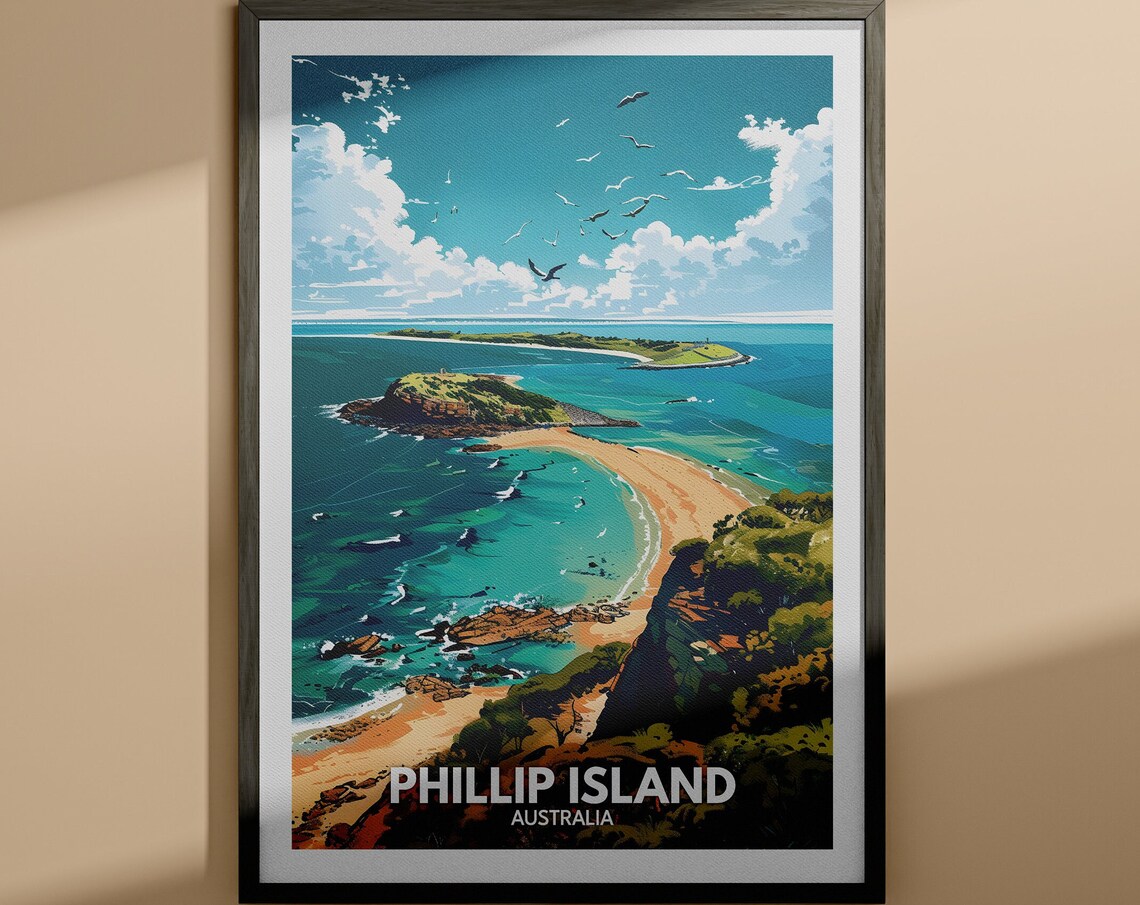 Phillip Island Australia Seabirds Over Turquoise Beach Travel Poster