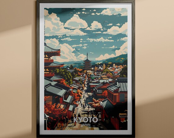 Kyoto Japan Autumn Temple Street Pagoda Vintage Travel Poster