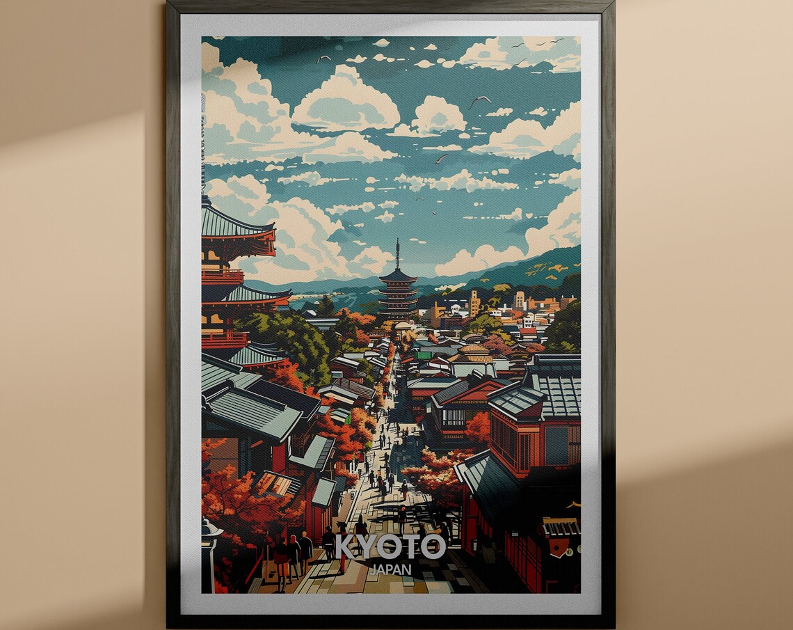 Kyoto Japan Autumn Temple Street Pagoda Vintage Travel Poster