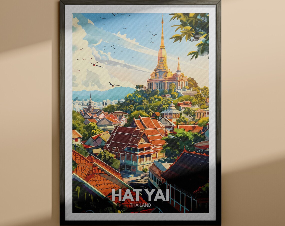 Hat Yai Thailand Golden Temple Rooftops Vintage City Travel Poster