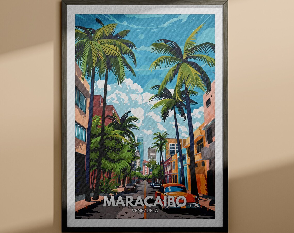 Maracaibo Venezuela Palm Lined Avenue Vintage Car Travel Poster