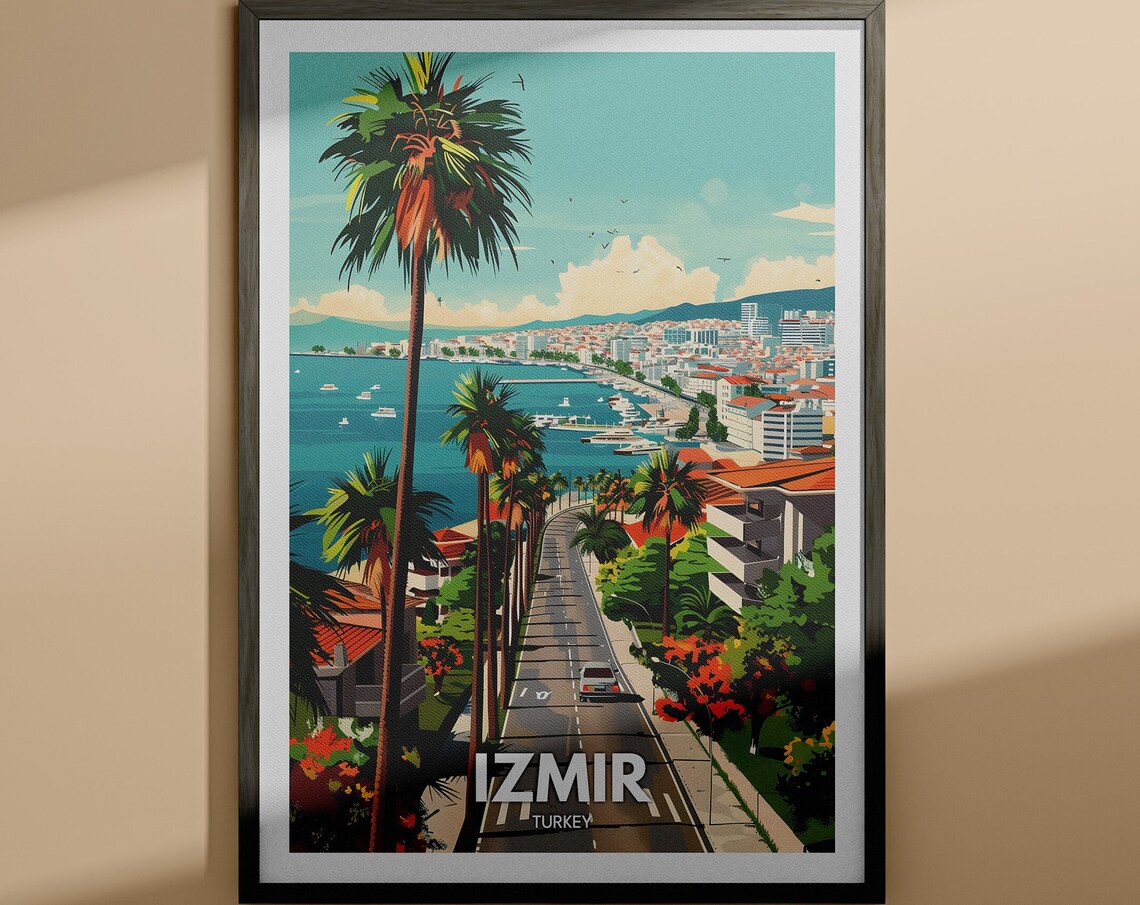 Izmir Turkey Aegean Harbor Palm Lined Street Travel Art Poster