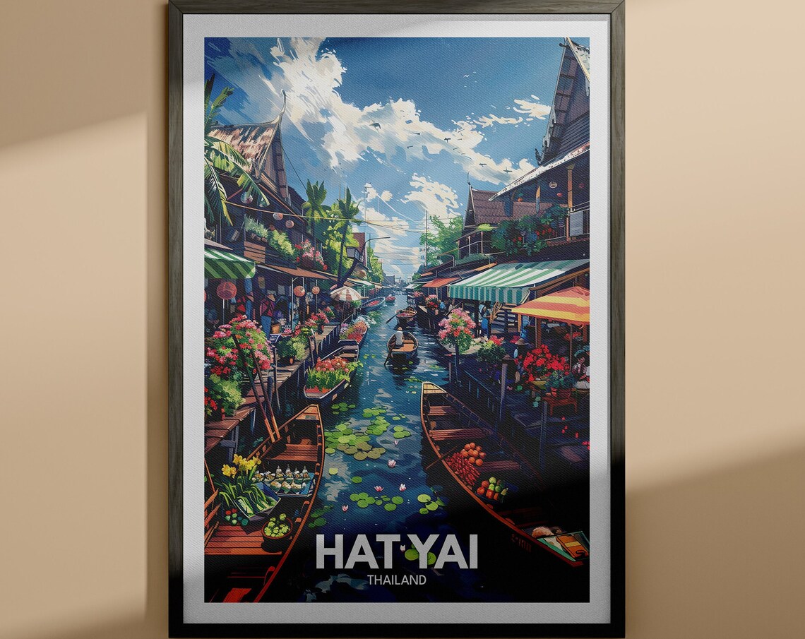 Hat Yai Thailand Floating Market Boats Colorful Canal Travel Poster