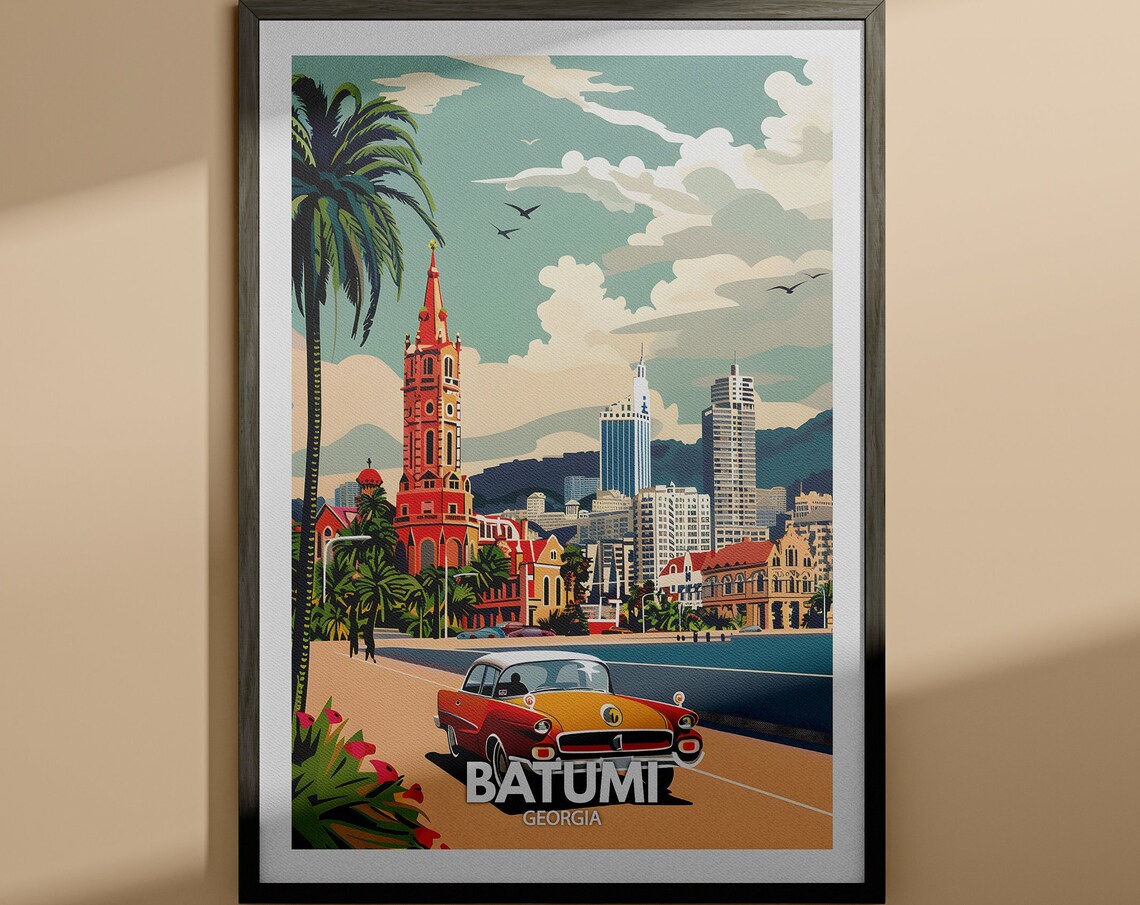 Batumi Georgia Sunny Classic Car Seaside Boulevard Scene Poster