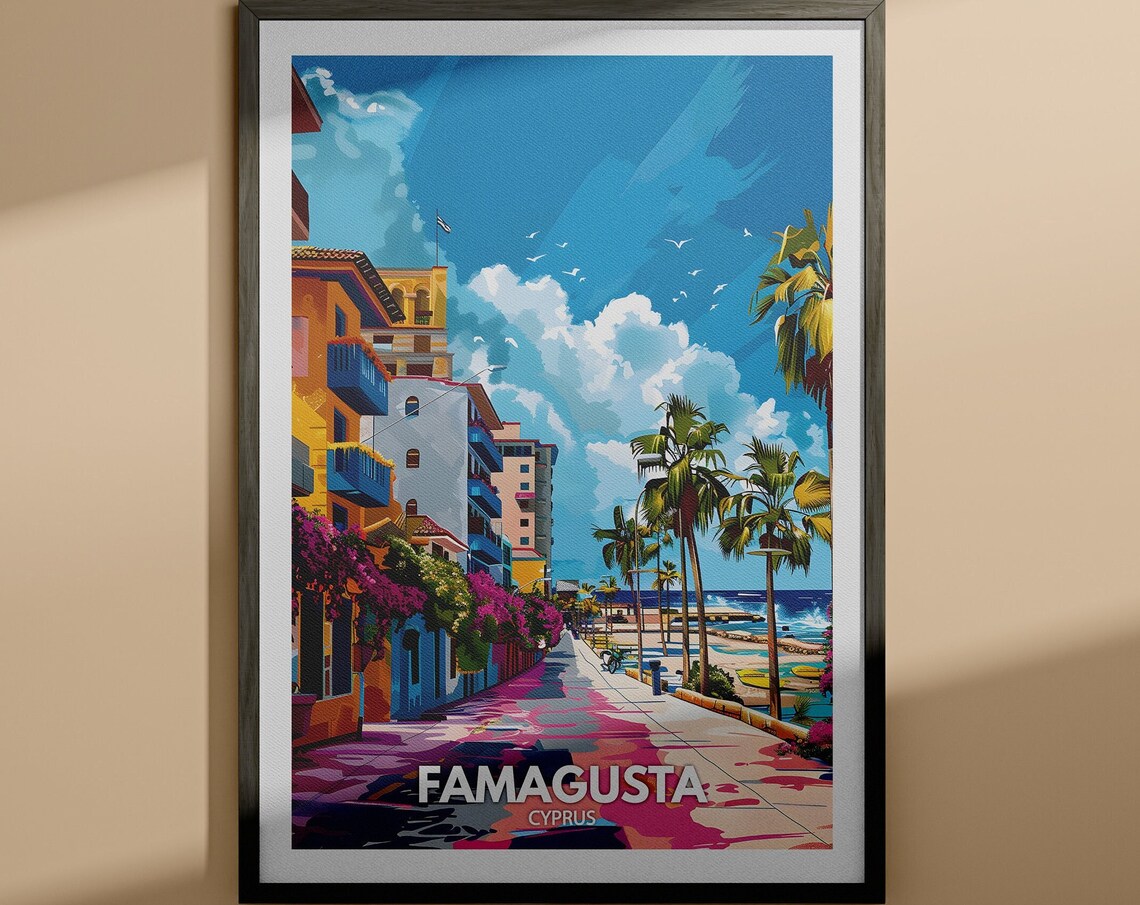 Famagusta Cyprus Seaside Promenade Colorful Old Town Travel Poster