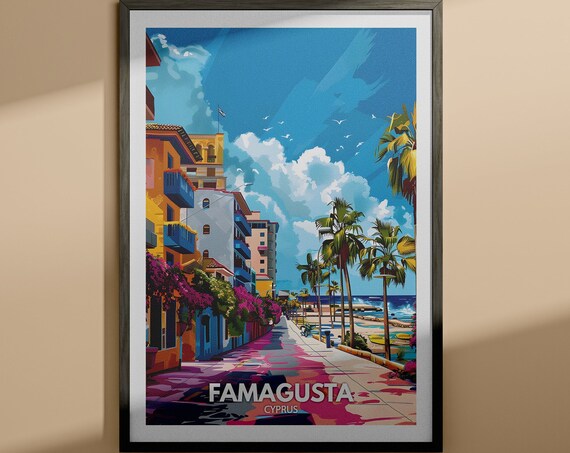 Famagusta Cyprus Seaside Promenade Colorful Old Town Travel Poster