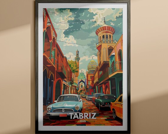 Tabriz Iran Vintage Travel Street Scene Mosque Domes Old Town Poster