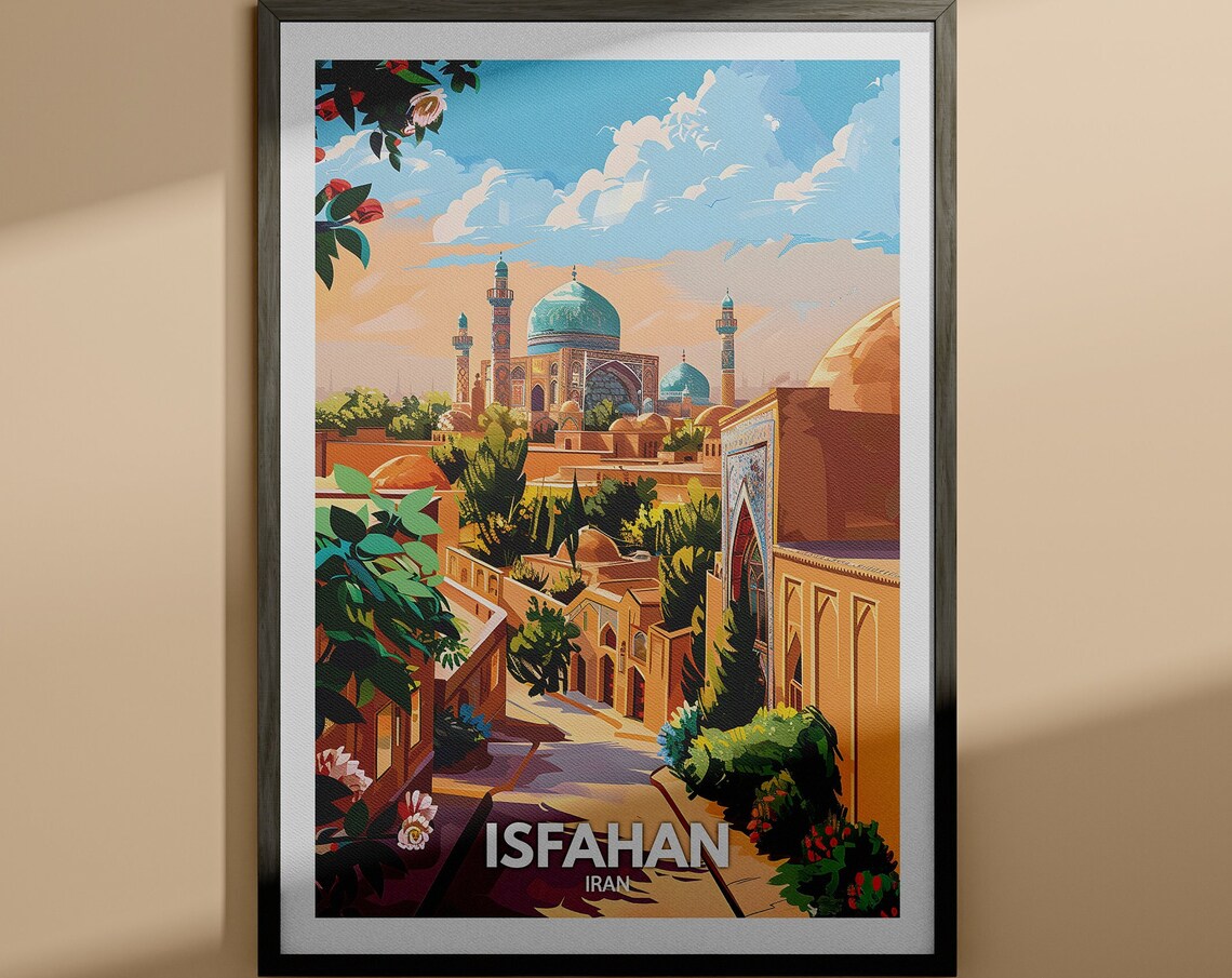 Isfahan Iran Blue Dome Mosque Gardens Old City Travel Scene Poster
