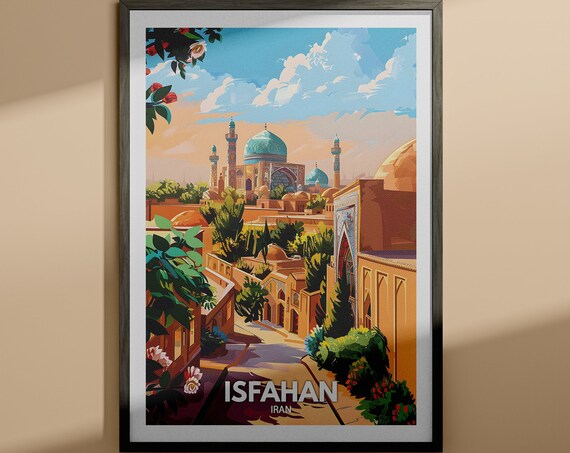 Isfahan Iran Blue Dome Mosque Gardens Old City Travel Scene Poster