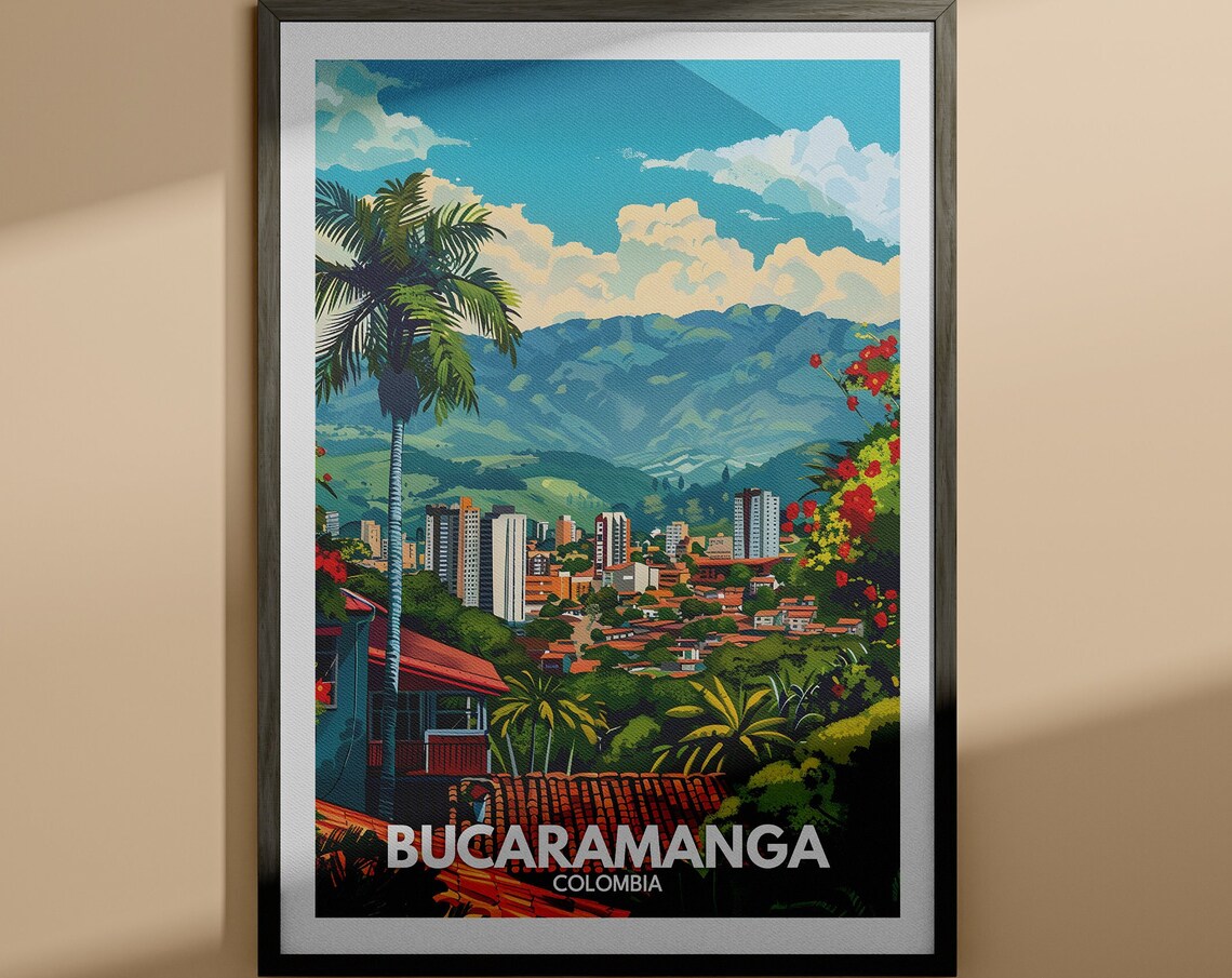 Bucaramanga Colombia Palm Trees City Mountains Retro Travel Poster