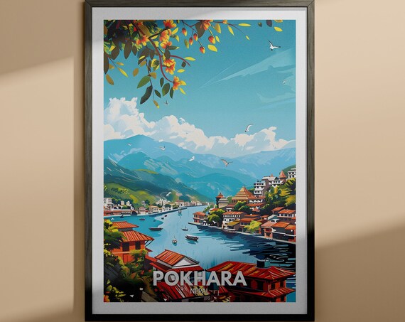 Pokhara Nepal Travel Poster Mountain Lake Red Rooftop Townscape Art