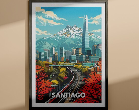 Santiago Chile Snowcapped Andes Skyline Train Vintage Travel Poster