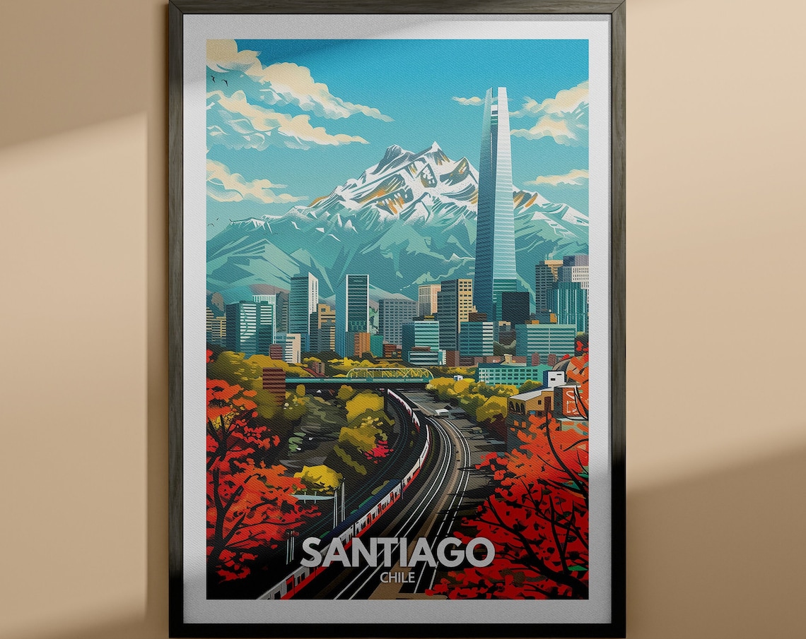 Santiago Chile Snowcapped Andes Skyline Train Vintage Travel Poster