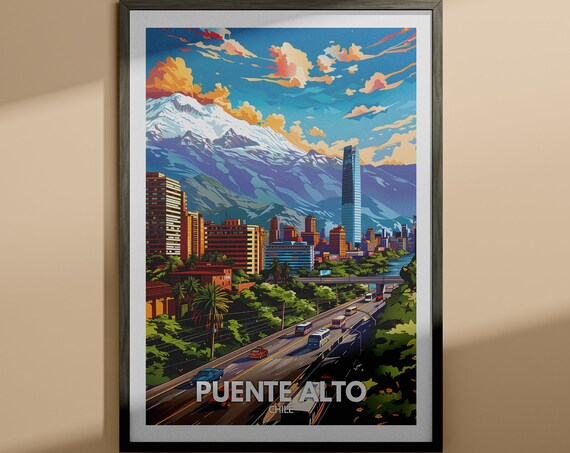 Puente Alto Chile Andes Mountains City Skyline Vintage Travel Poster