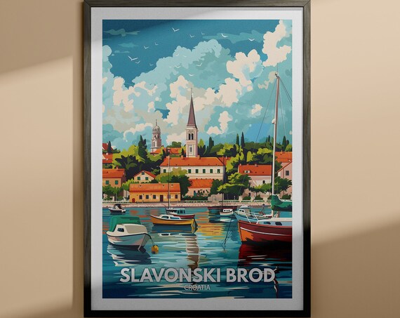 Slavonski Brod Croatia Charming Harbor Boats and Church Spire Poster